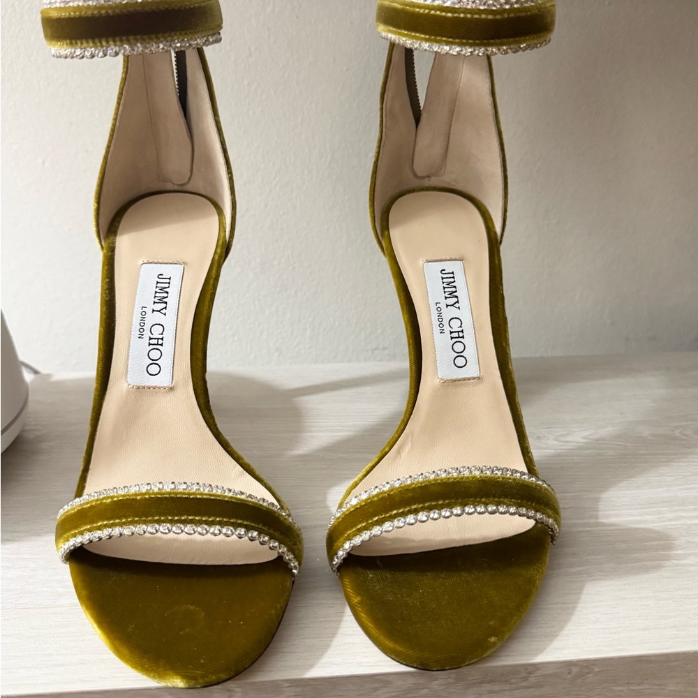 Jimmy Choo Green/Gold Velvet Heels with Crystal Accents- Never Worn, Like New